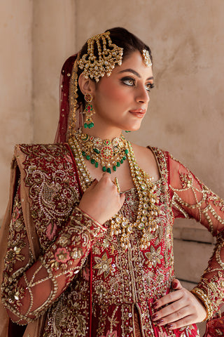 Blood-Red Embellished Raw Silk & Kimkhab Bridal Gown (2-Piece) - Image 6
