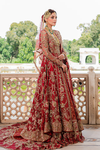 Blood-Red Embellished Raw Silk & Kimkhab Bridal Gown (2-Piece) - Image 7