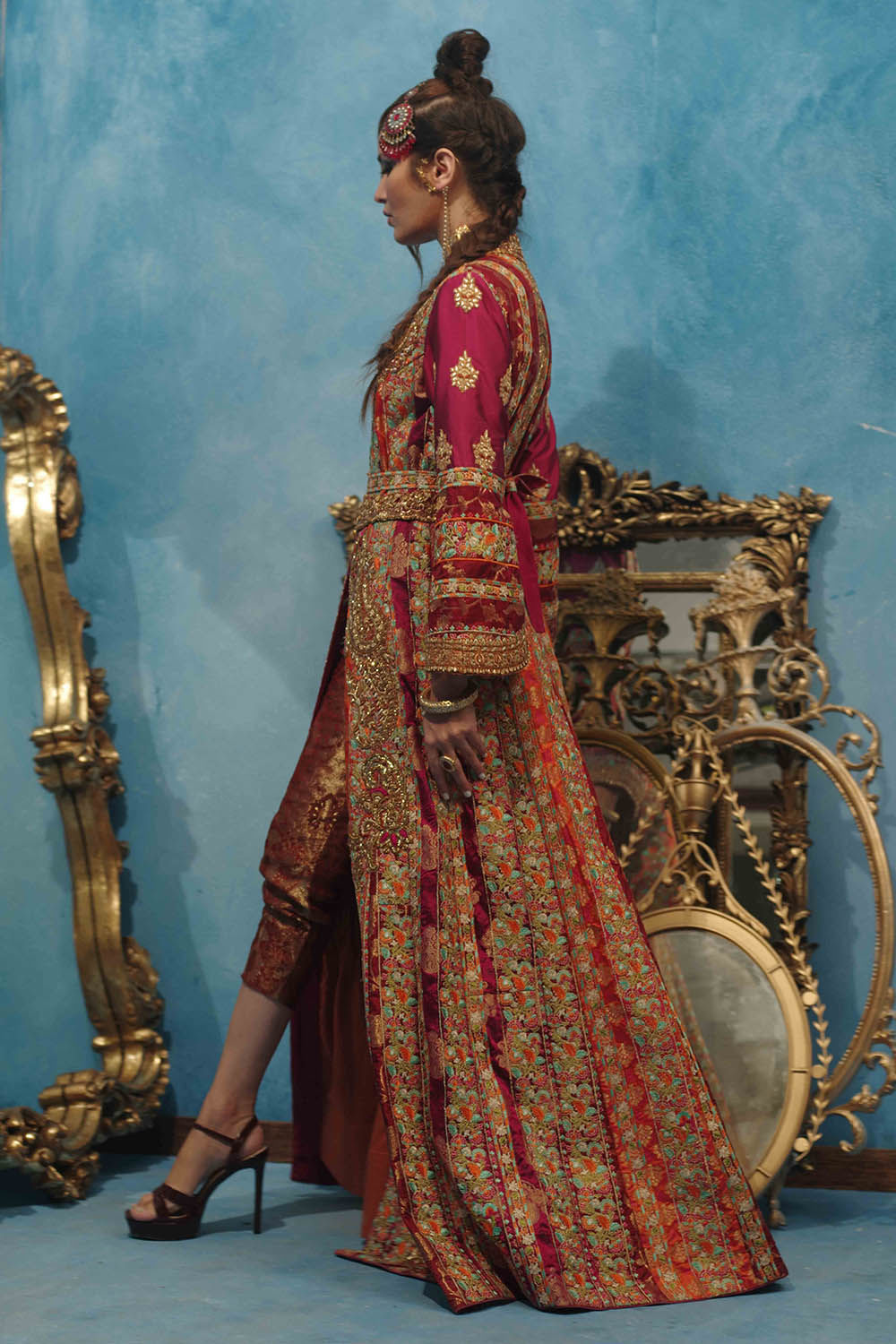 Red Zardozi Embroidered Pure Raw Silk Bridal Gown (2-Piece) - Image 6