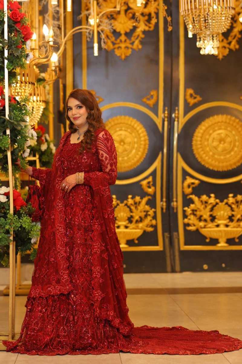 Pakistani Deep Red Embroidered Net Satin Bridal Gown (1-Pc) - Image 1