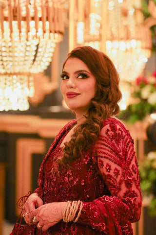 Pakistani Deep Red Embroidered Net Satin Bridal Gown (1-Pc) - Image 3