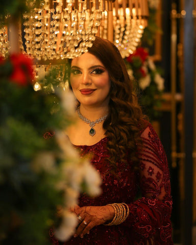 Pakistani Deep Red Embroidered Net Satin Bridal Gown (1-Pc) - Image 4