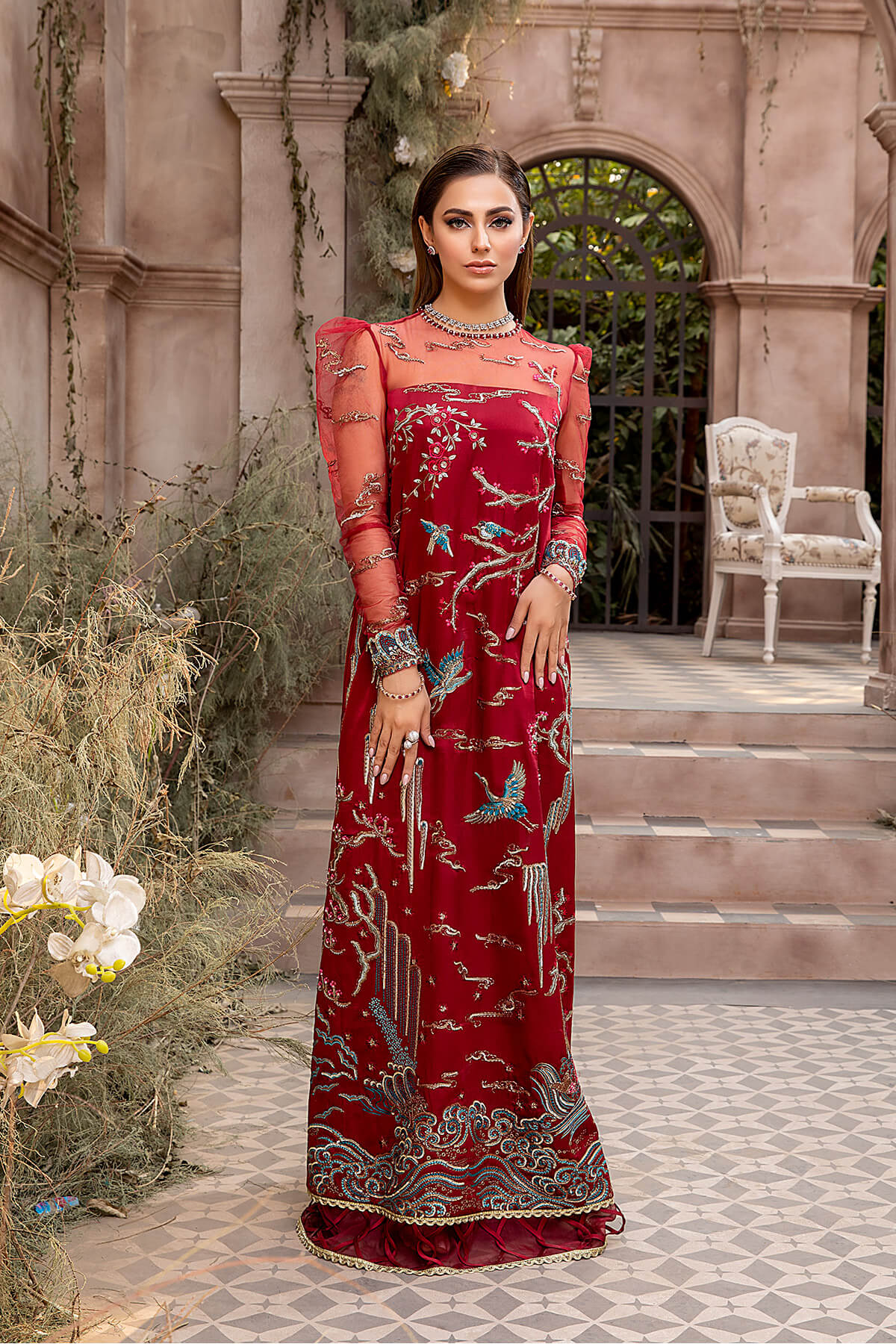 Pakistani Deep Red Embroidered Net & Shamoze Silk Gown (1-Pc) - Image 1