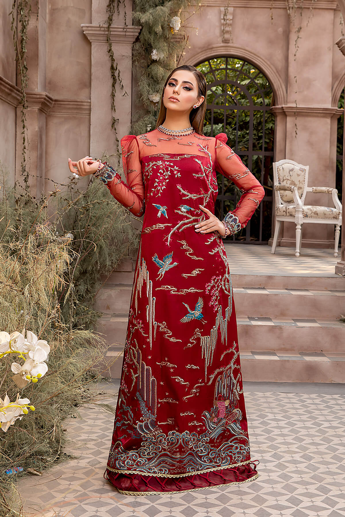 Pakistani Deep Red Embroidered Net & Shamoze Silk Gown (1-Pc) - Image 2