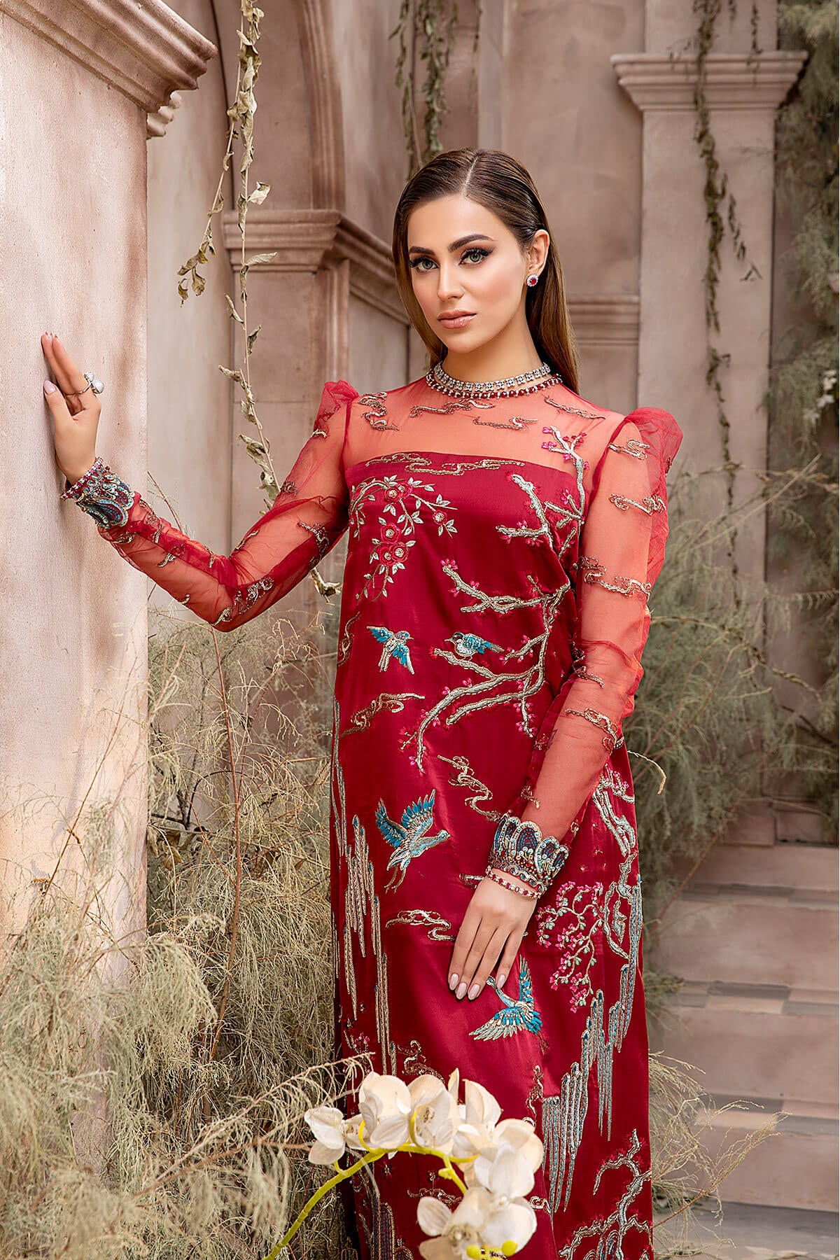Pakistani Deep Red Embroidered Net & Shamoze Silk Gown (1-Pc) - Image 3