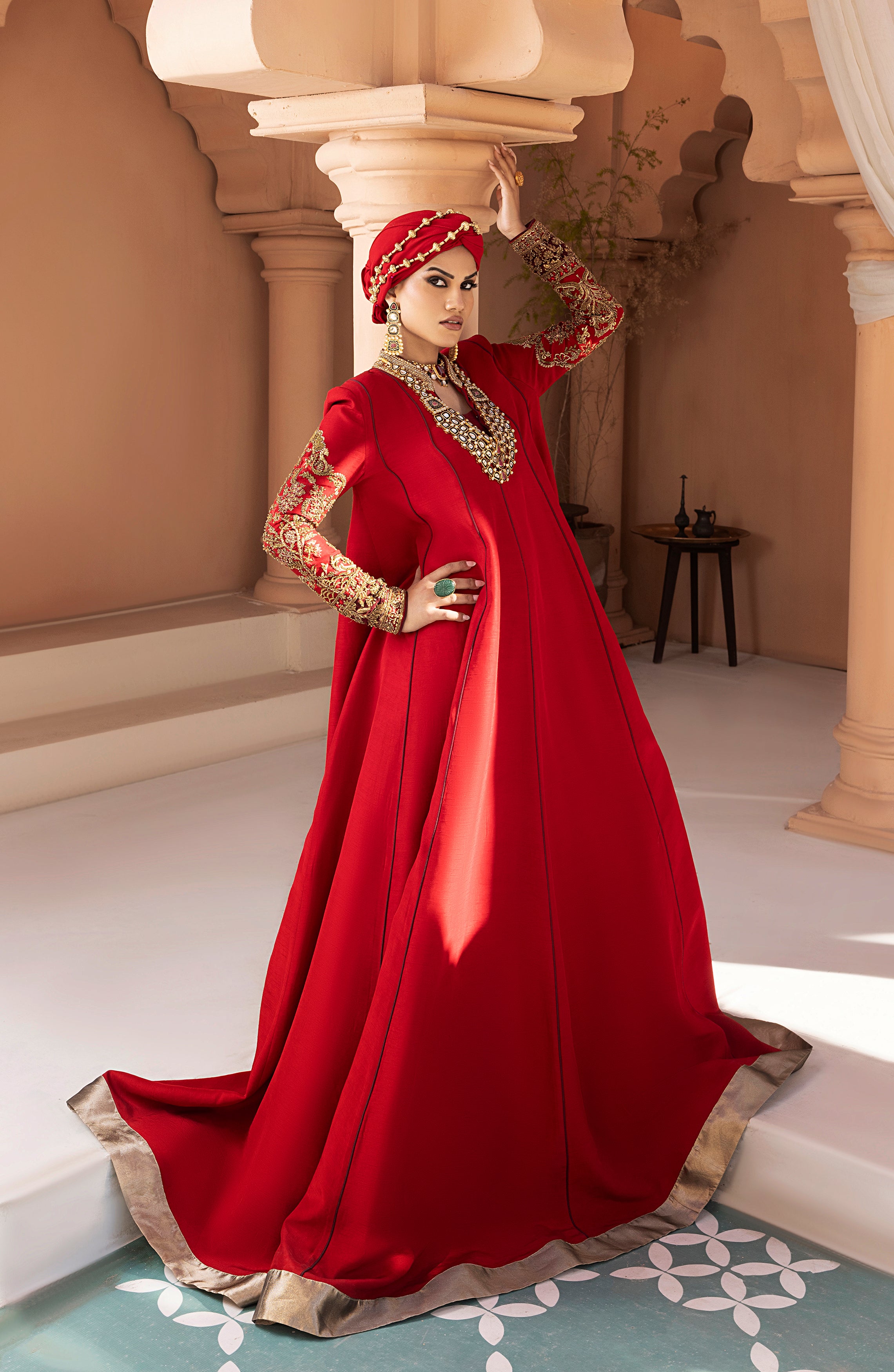 Ruby Red Embroidered Silk Blend Gown (1-Pc) - Image 1