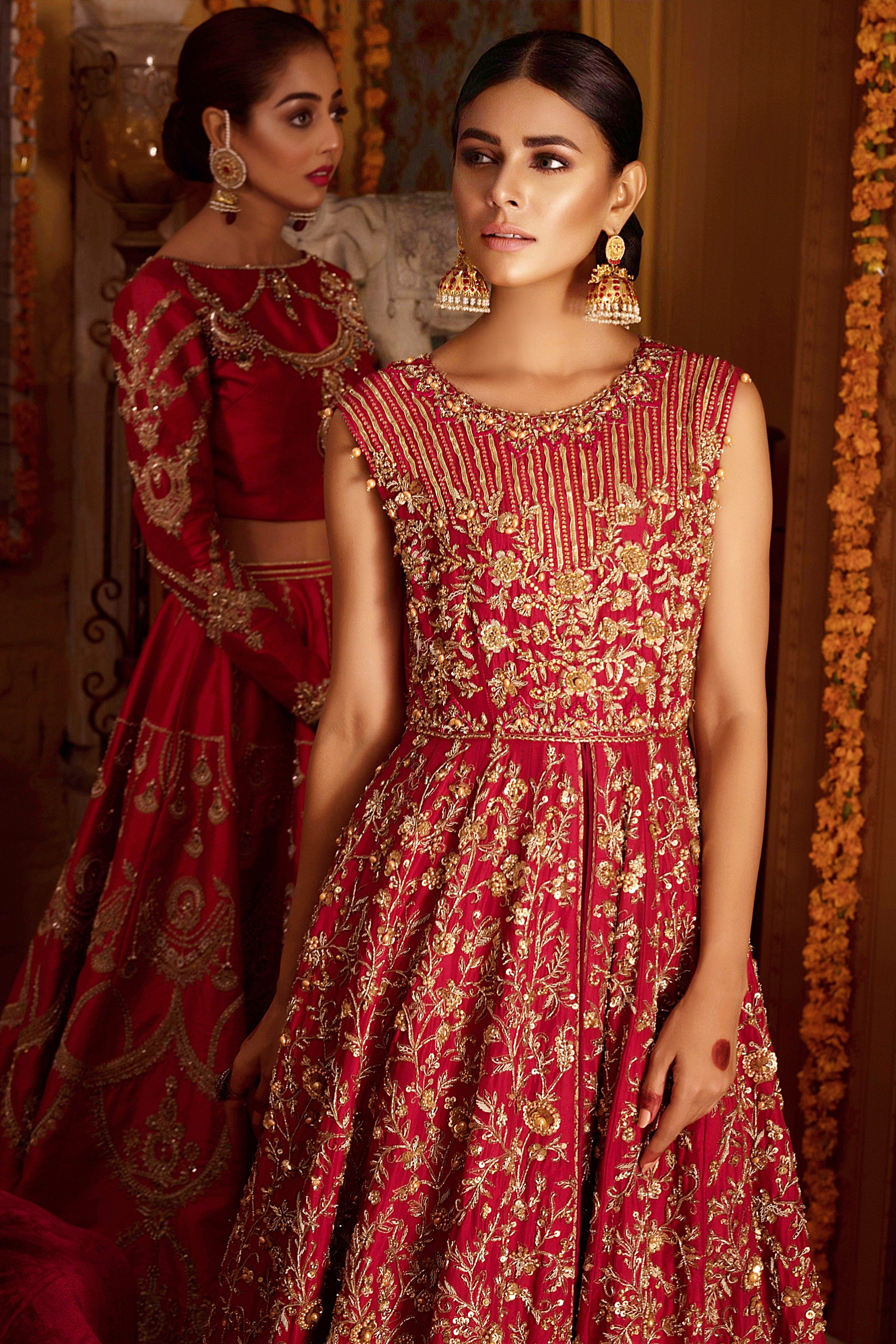 Deep Red Embellished Silk-Blend Bridal Gown (1-Pc) - Image 1