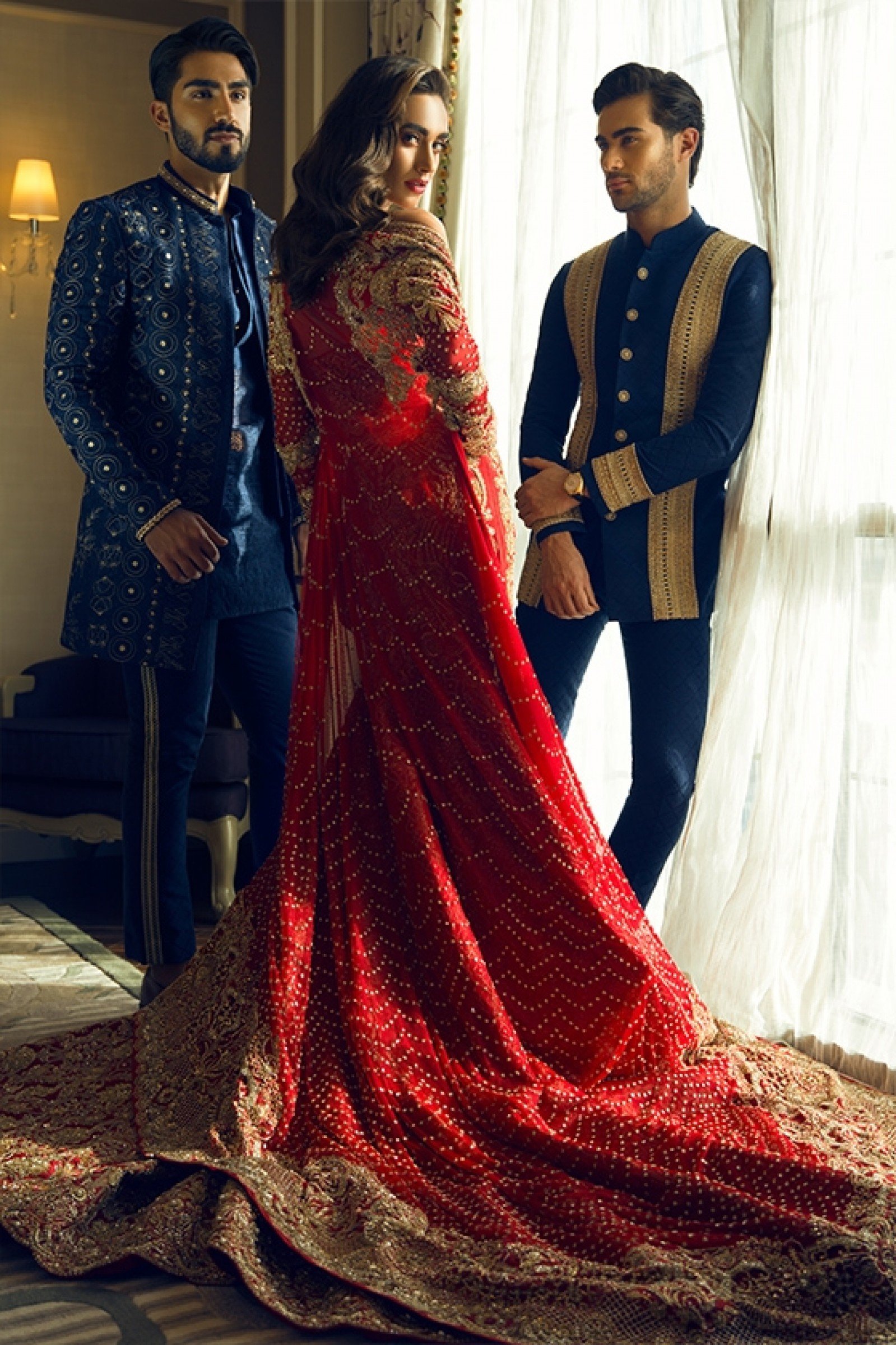 Red Gold Embroidered Silk Bridal Jacket Gown (1-Pc) - Image 1