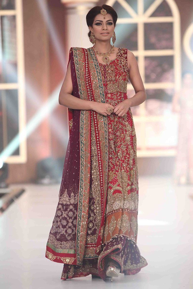 Pakistani Red and Purple Embellished Silk Bridal Gown (2-Piece) - Image 1