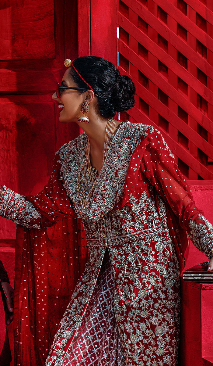 Pakistani Deep Red Embroidered Silk Long Jacket Gown (2-Piece) - Image 1