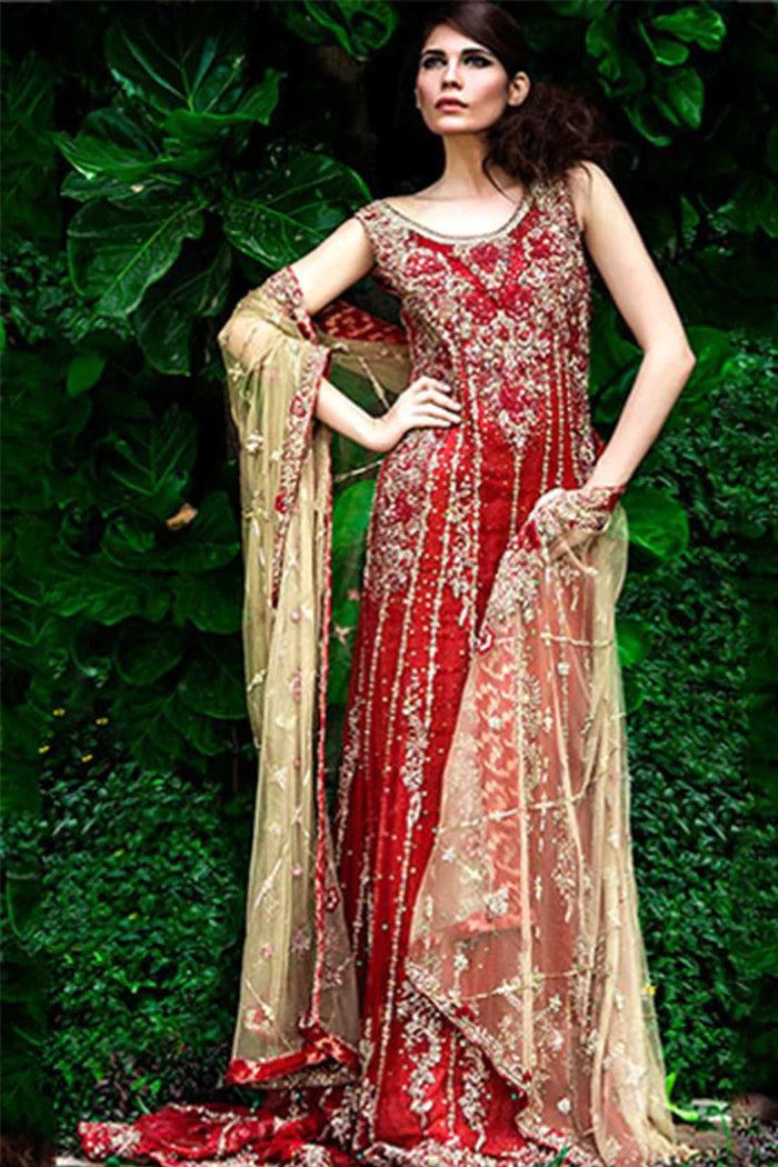 Pakistani Deep Red Embellished Silk Gown (2-Piece) - Image 1