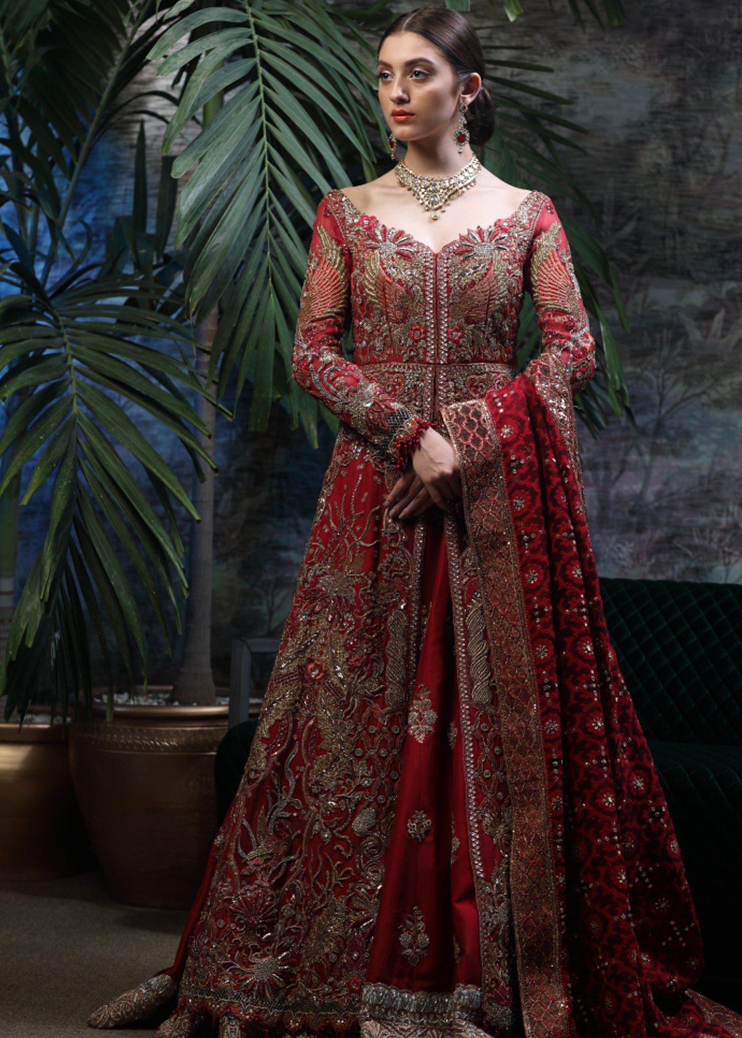 Pakistani Deep Red Embroidered Silk Bridal Gown (2-Piece) - Image 1