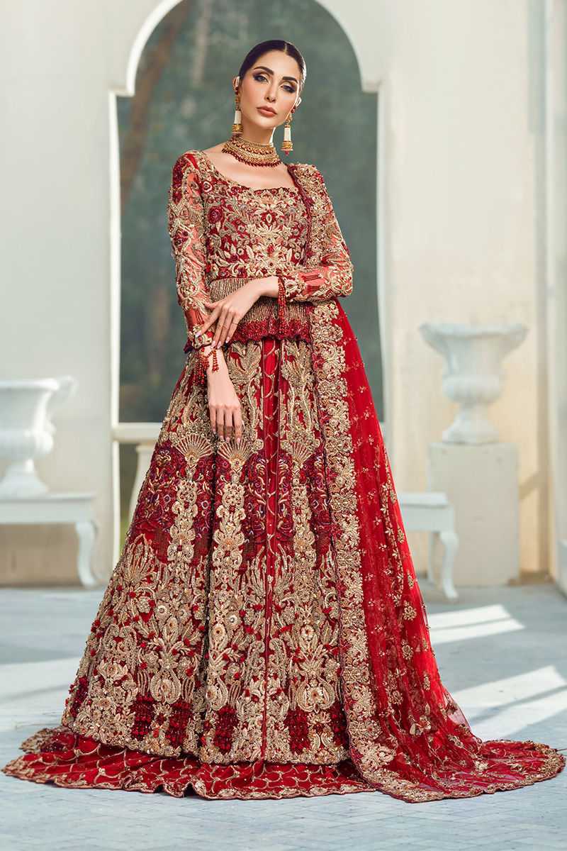 Pakistani Deep Red Zardozi & Ari Embroidered Bridal Gown (2-Piece) - Image 1