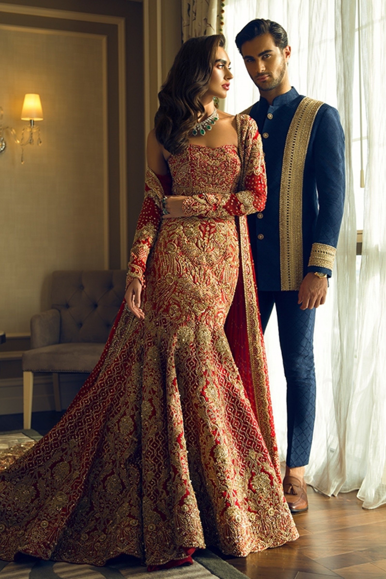 Pakistani Red Gold Zardozi Silk Bridal Gown (2-Piece) - Image 1