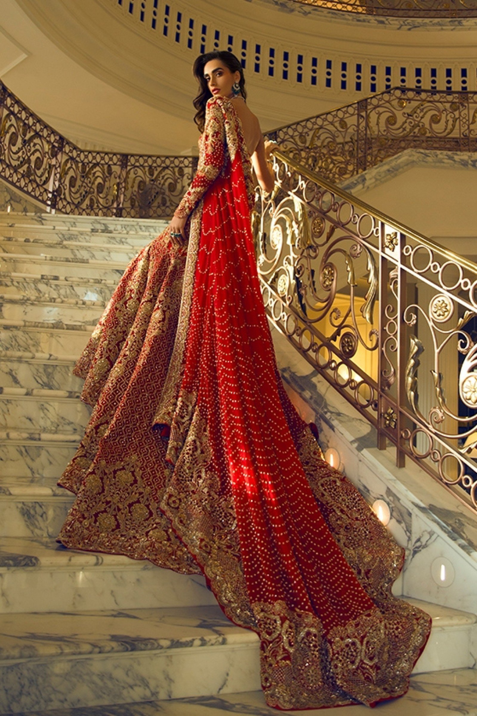 Pakistani Deep Red Zardozi Silk Bridal Gown (1-Pc) - Image 1