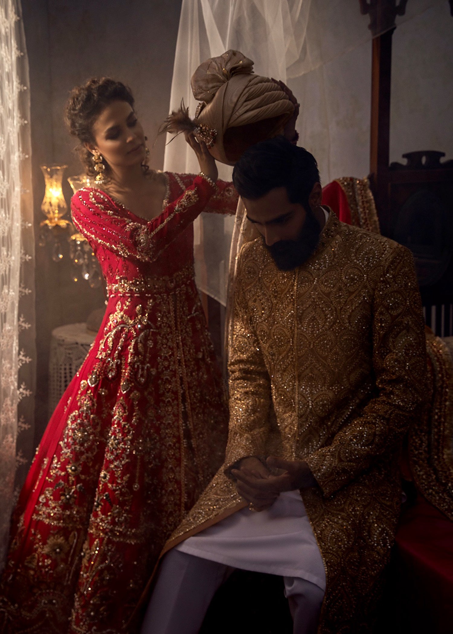 Pakistani Red Zardozi Silk Bridal Gown (2-Piece) - Image 2