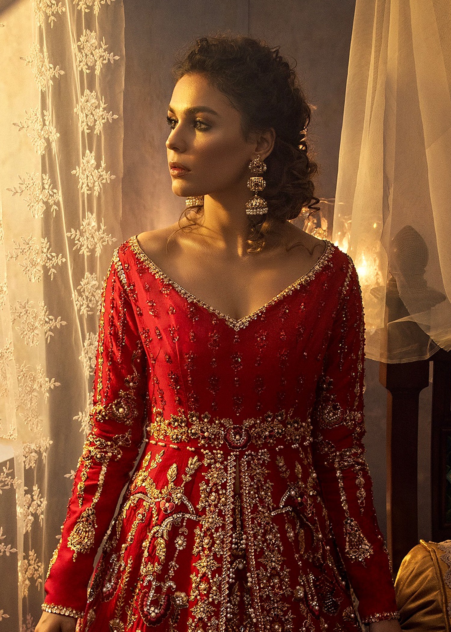Pakistani Red Zardozi Silk Bridal Gown (2-Piece) - Image 4