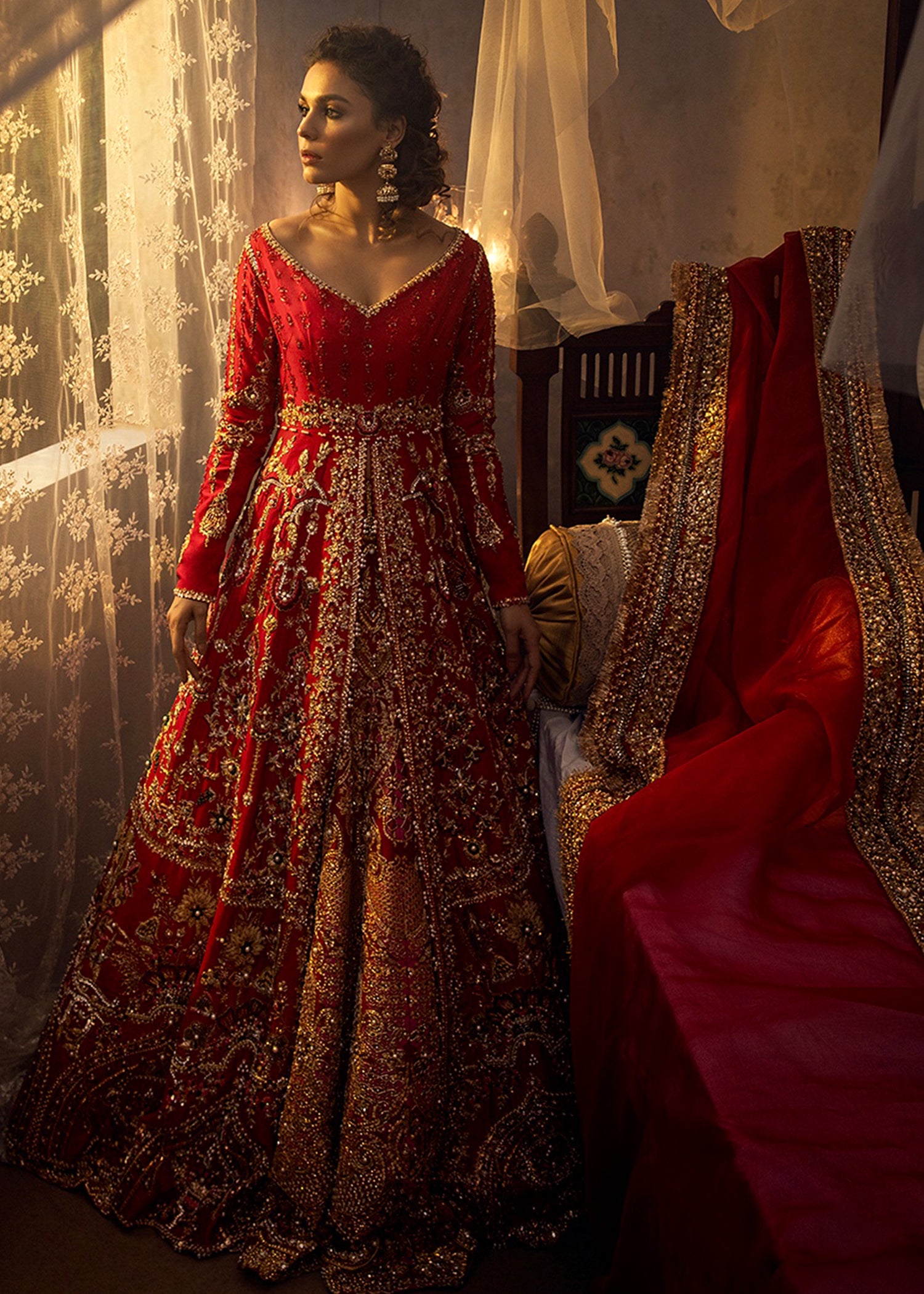 Red Embellished Silk Bridal Gown (2-Piece) - Image 1