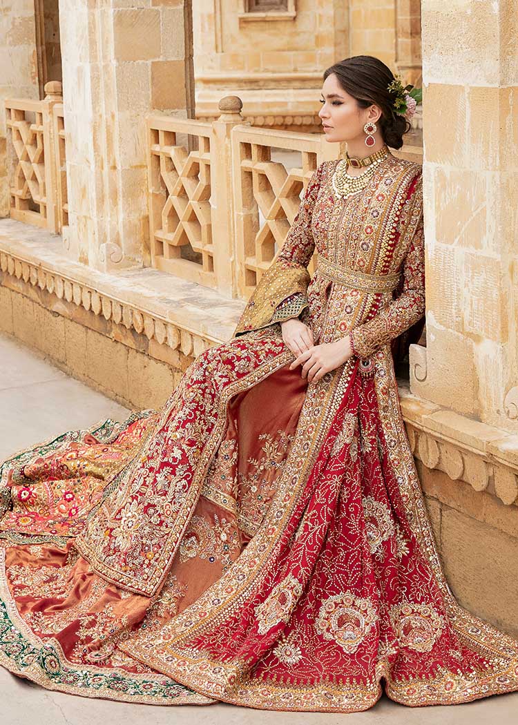 Pakistani Raspberry Red Embroidered Silk Bridal Gown (2-Piece) - Image 4