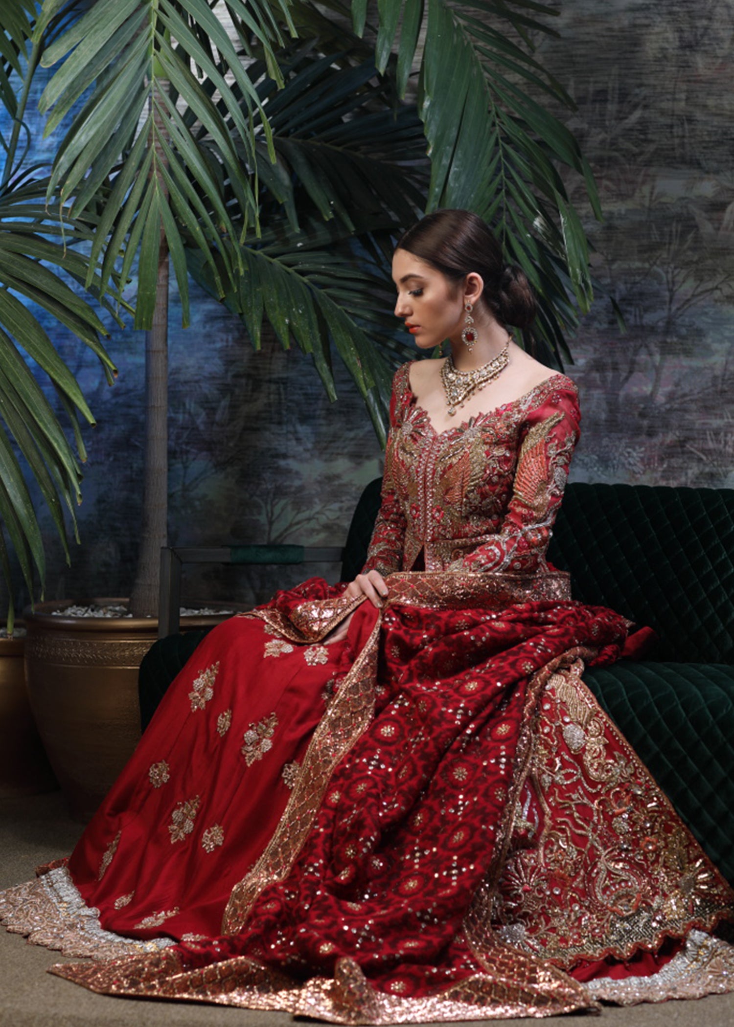 Deep Red Embellished Silk Bridal Gown (2-Piece) - Image 4