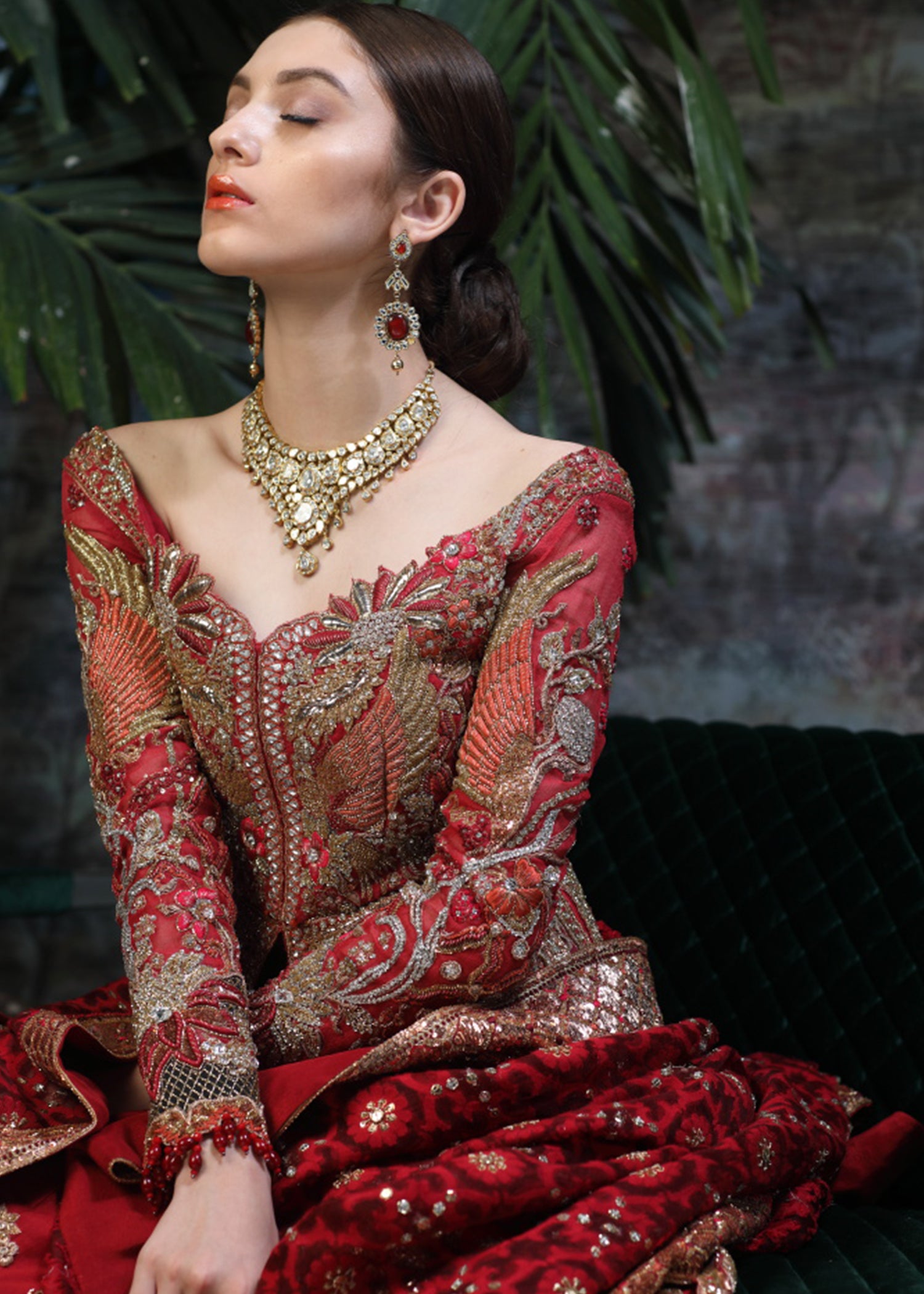 Deep Red Embellished Silk Bridal Gown (2-Piece) - Image 5