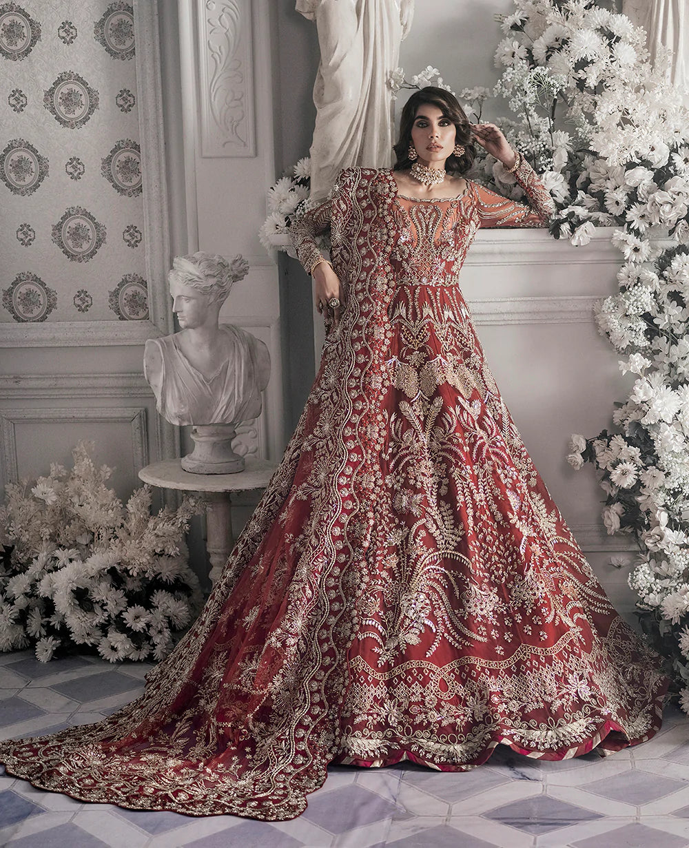 Deep Red Embellished Net Silk Bridal Gown (1-Pc) - Image 1