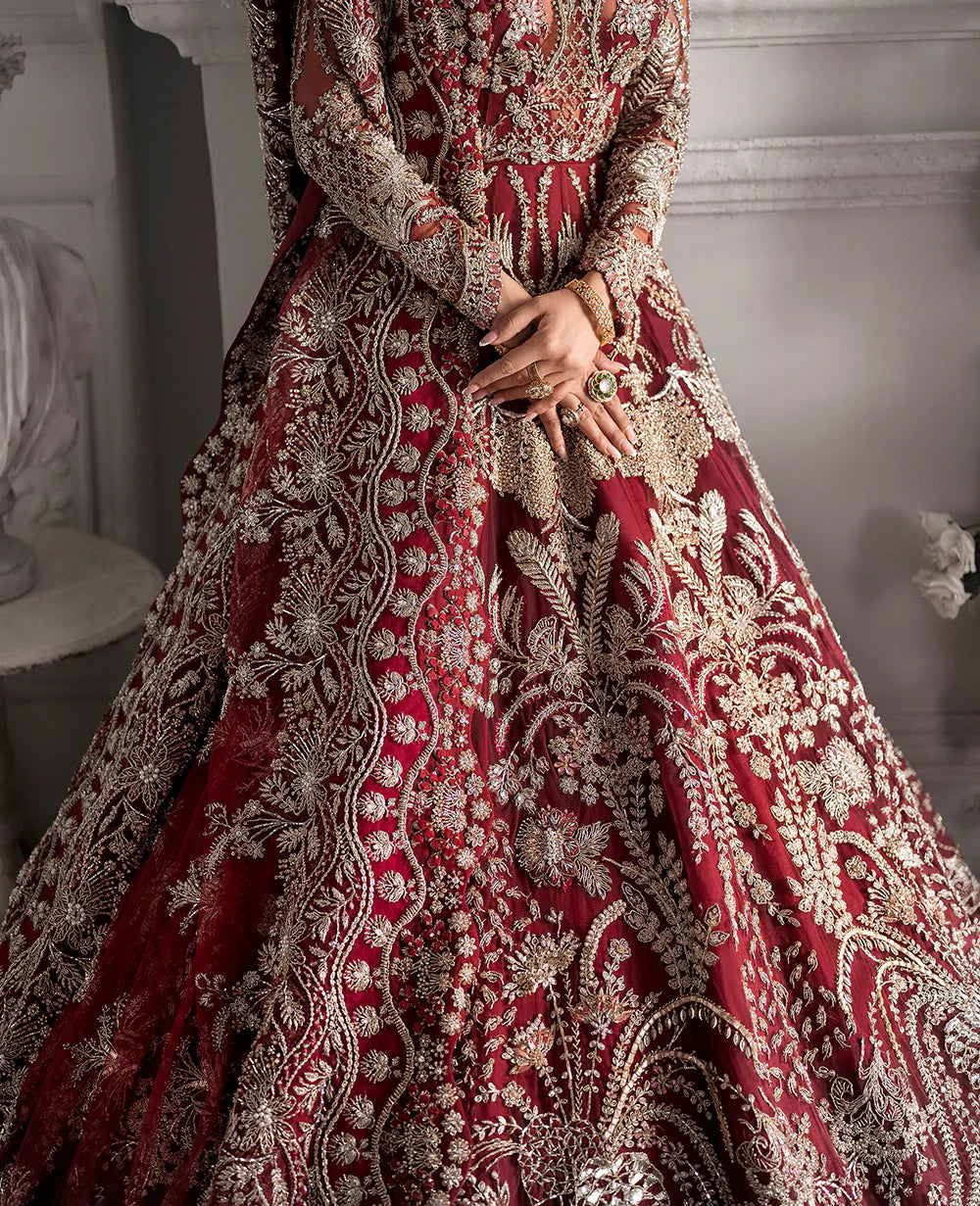 Deep Red Embellished Net Silk Bridal Gown (1-Pc) - Image 4