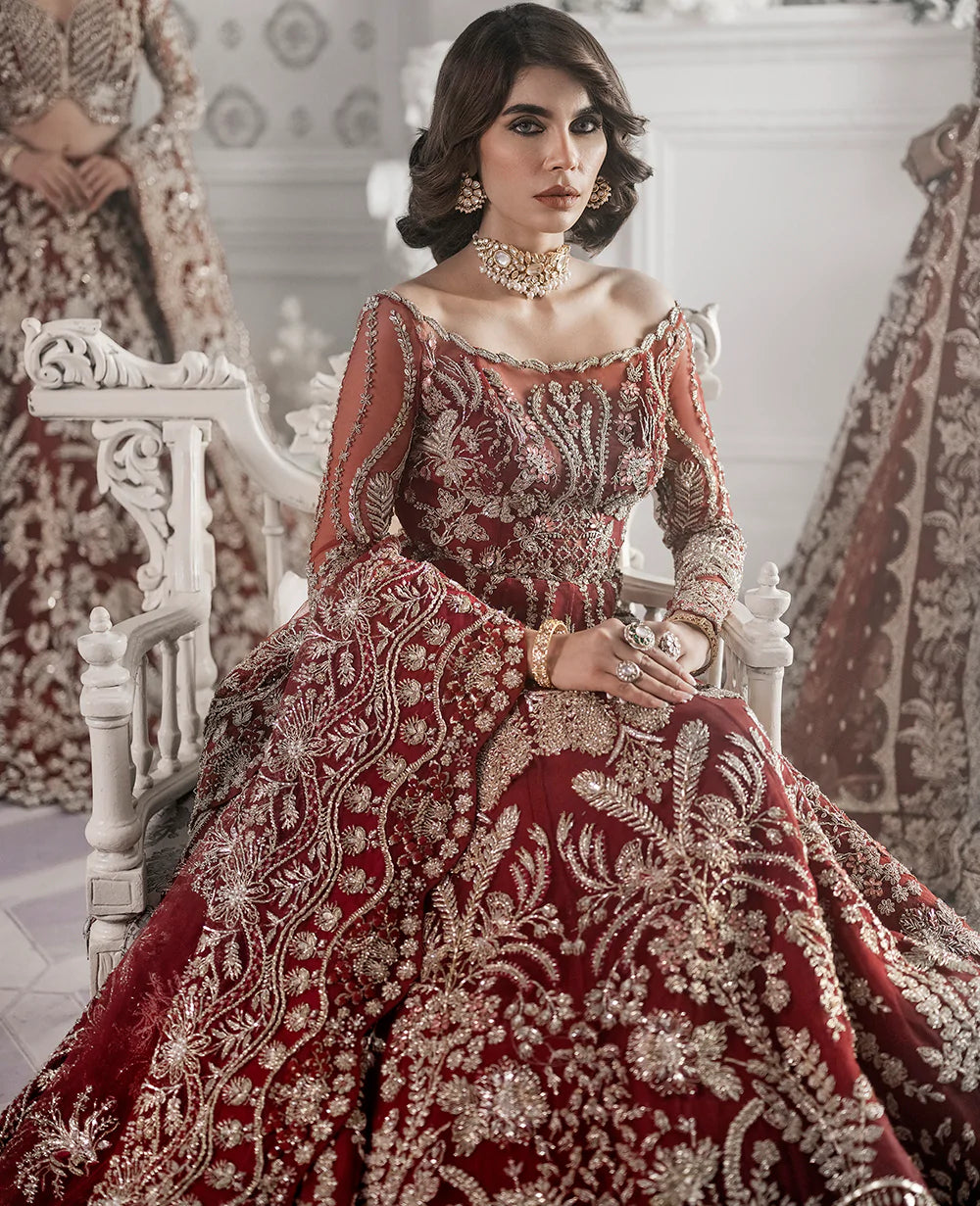 Deep Red Embellished Net Silk Bridal Gown (1-Pc) - Image 6
