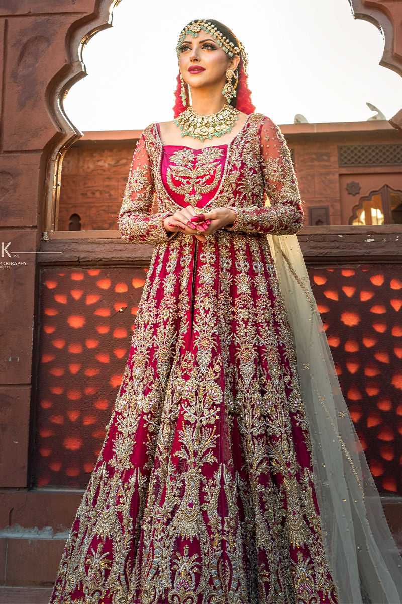 Deep Red Embroidered Silk Bridal Gown (2-Piece) - Image 1