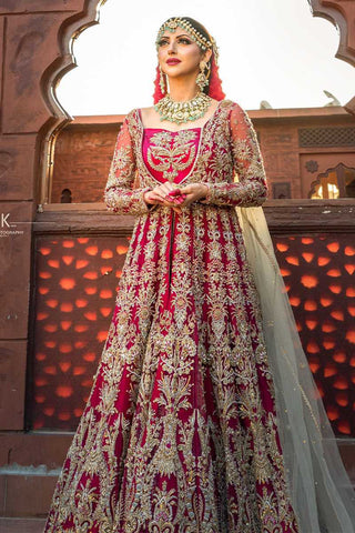 Deep Red Embroidered Silk Bridal Gown (2-Piece) - Image 2