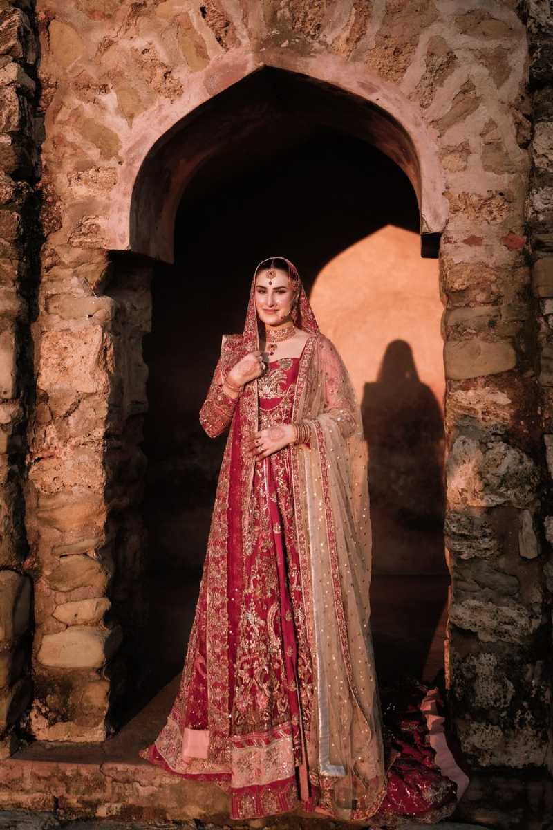 Deep Red Embroidered Silk Bridal Gown (2-Piece) - Image 1