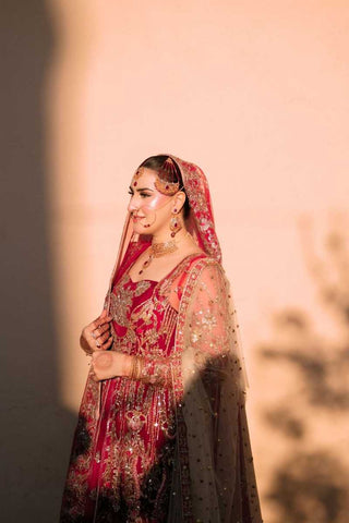 Deep Red Embroidered Silk Bridal Gown (2-Piece) - Image 3