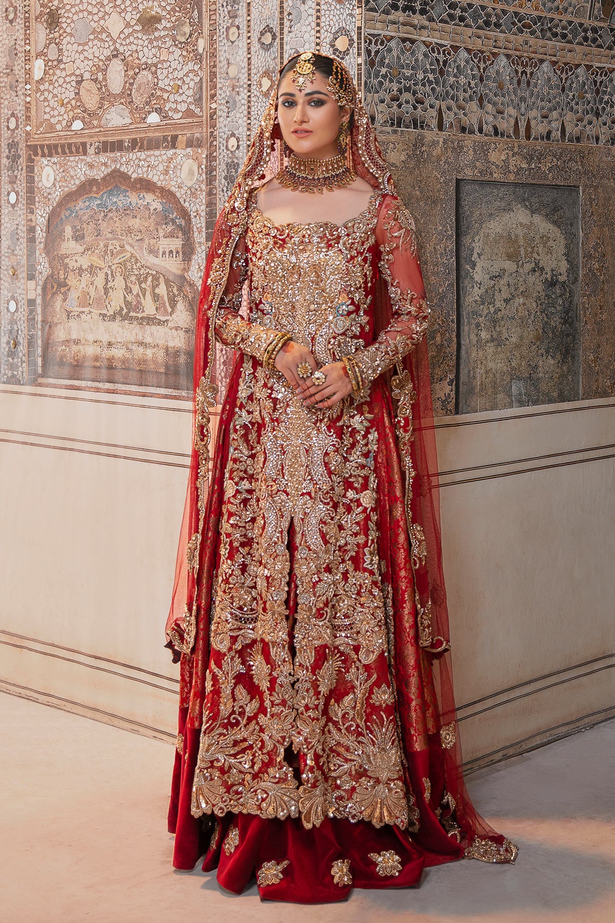 Deep Red Embellished Silk Bridal Gown (2-Piece) - Image 1