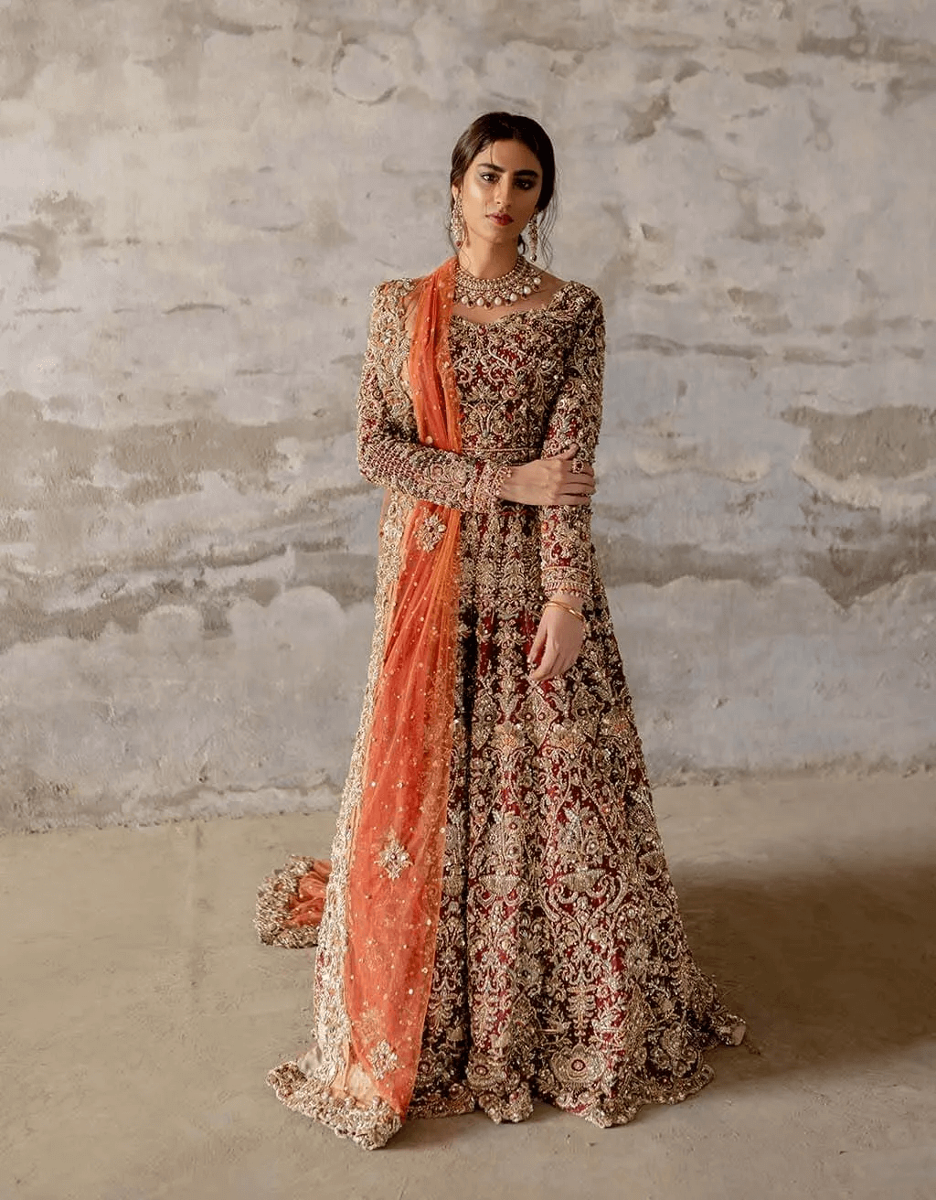 Deep Red Zardozi Silk Bridal Gown (2-Piece) - Image 1