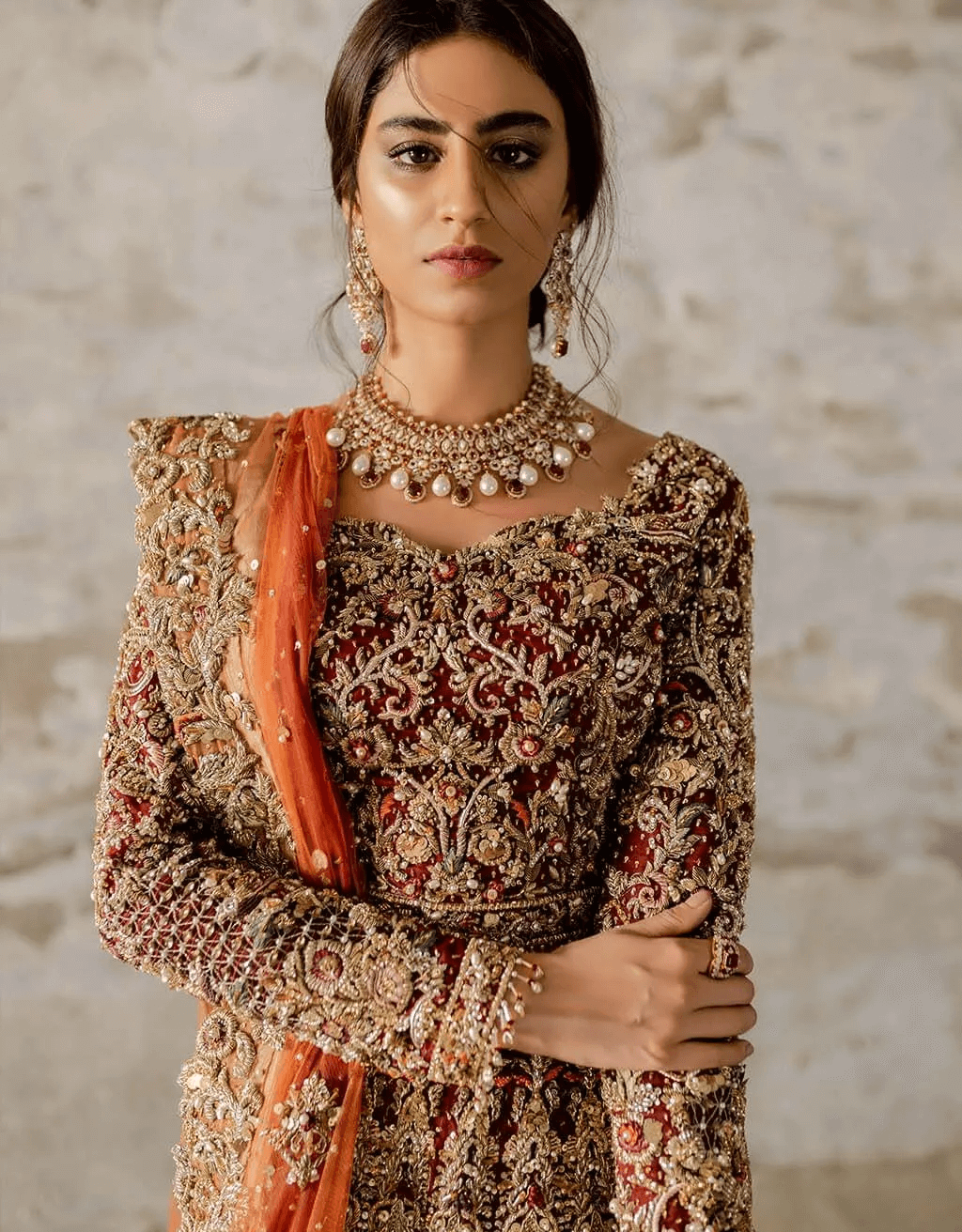 Deep Red Zardozi Silk Bridal Gown (2-Piece) - Image 2