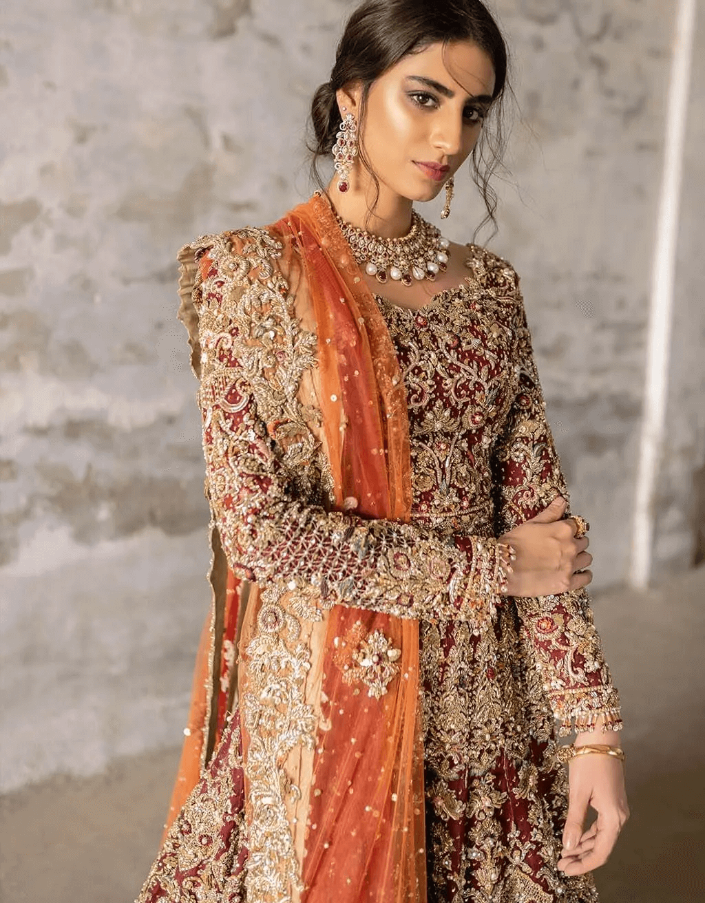 Deep Red Zardozi Silk Bridal Gown (2-Piece) - Image 3