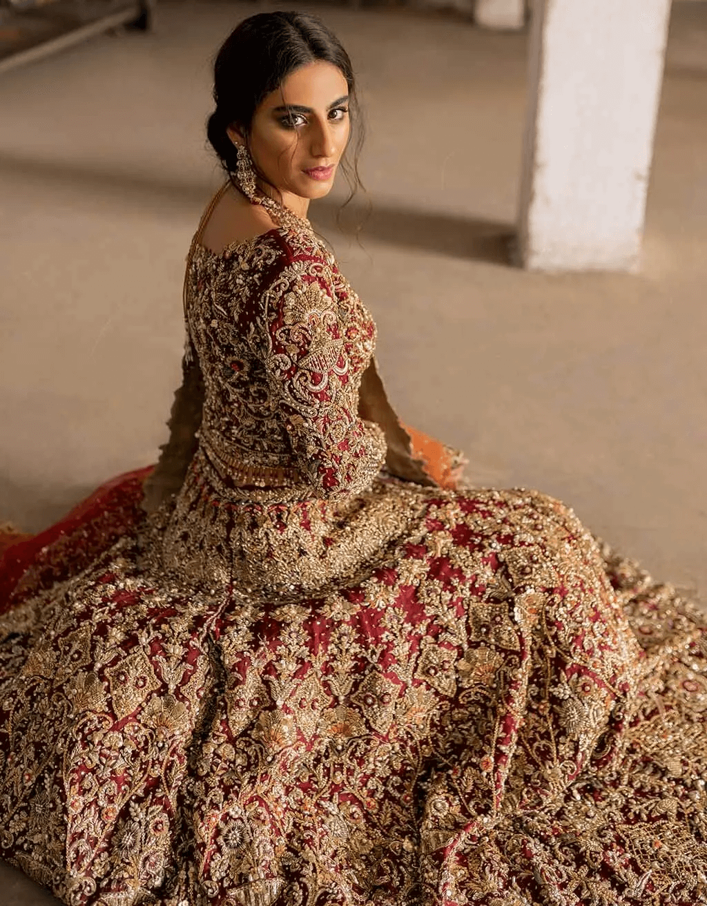 Deep Red Zardozi Silk Bridal Gown (2-Piece) - Image 4