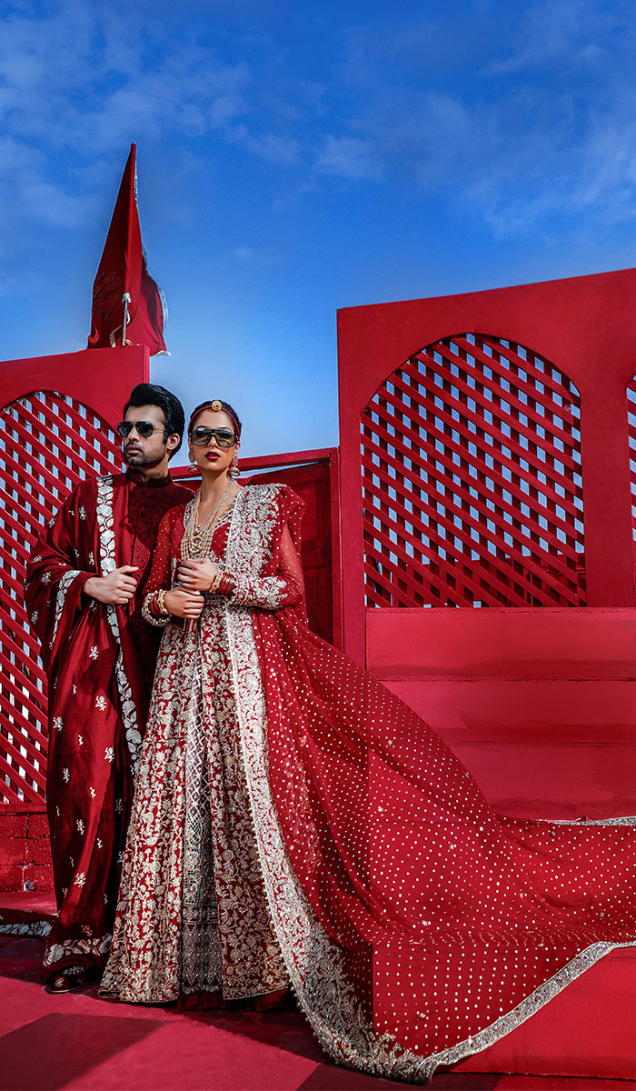 Deep Red Zardozi Silk Bridal Gown (2-Piece) - Image 1