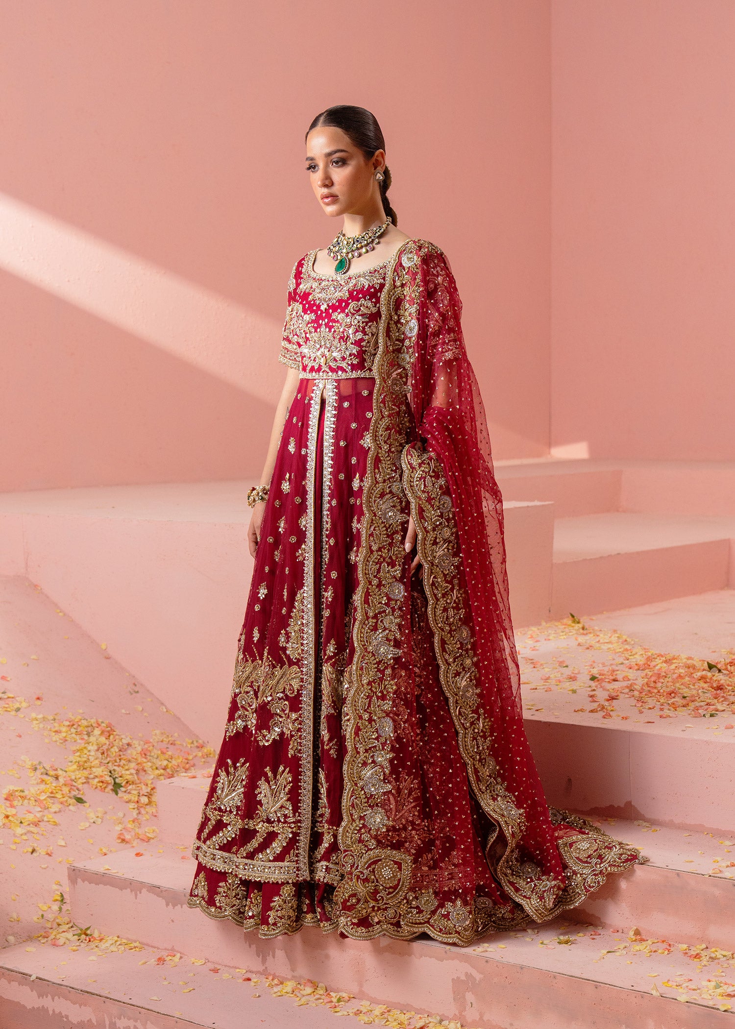 Pakistani Red Zardozi Swarovski Silk Bridal Gown (2-Piece) - Image 1