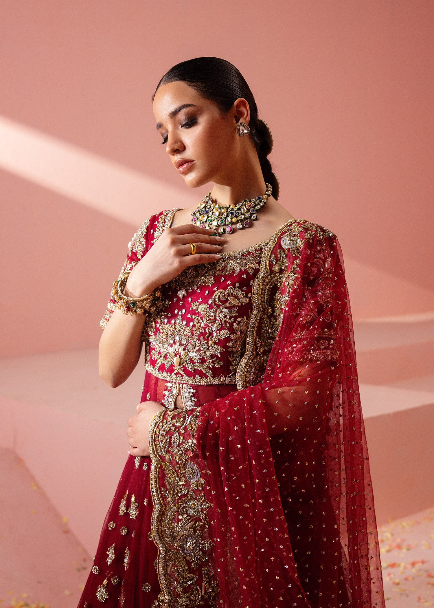 Pakistani Red Zardozi Swarovski Silk Bridal Gown (2-Piece) - Image 2