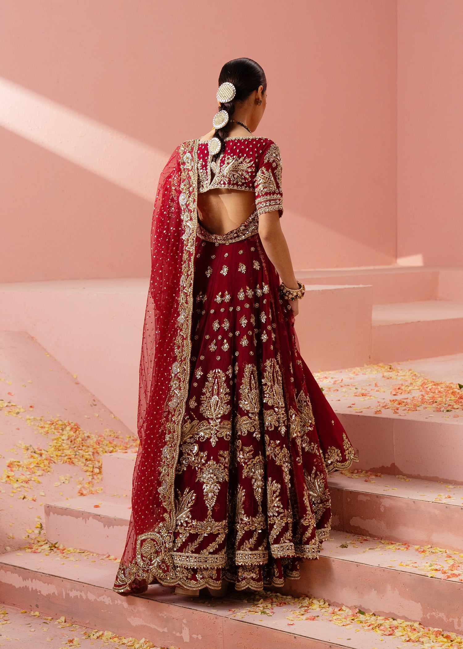 Pakistani Red Zardozi Swarovski Silk Bridal Gown (2-Piece) - Image 4