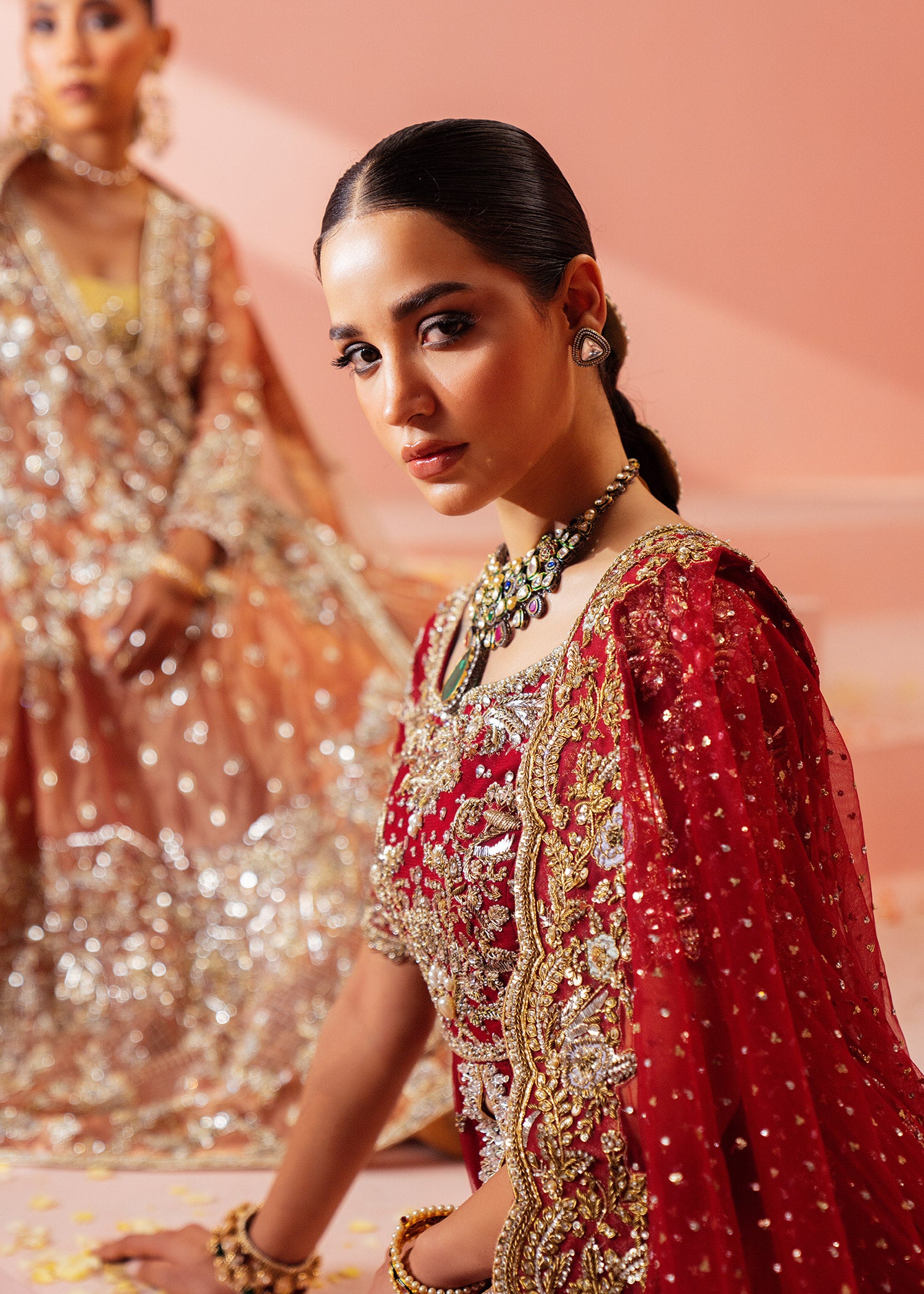 Pakistani Red Zardozi Swarovski Silk Bridal Gown (2-Piece) - Image 5