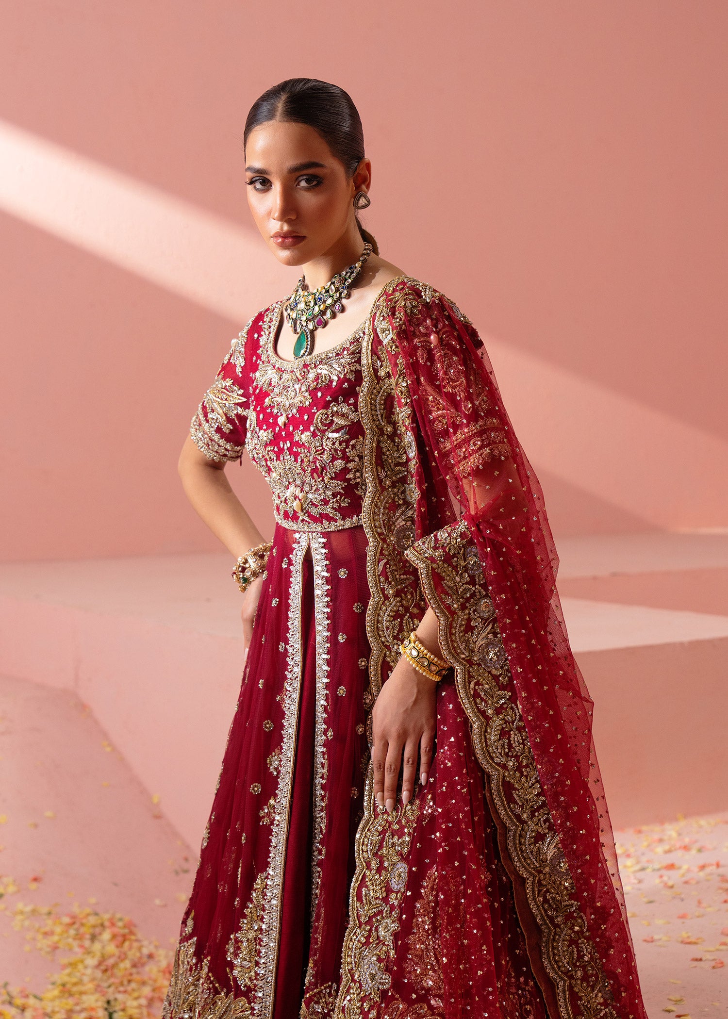 Pakistani Red Zardozi Swarovski Silk Bridal Gown (2-Piece) - Image 6