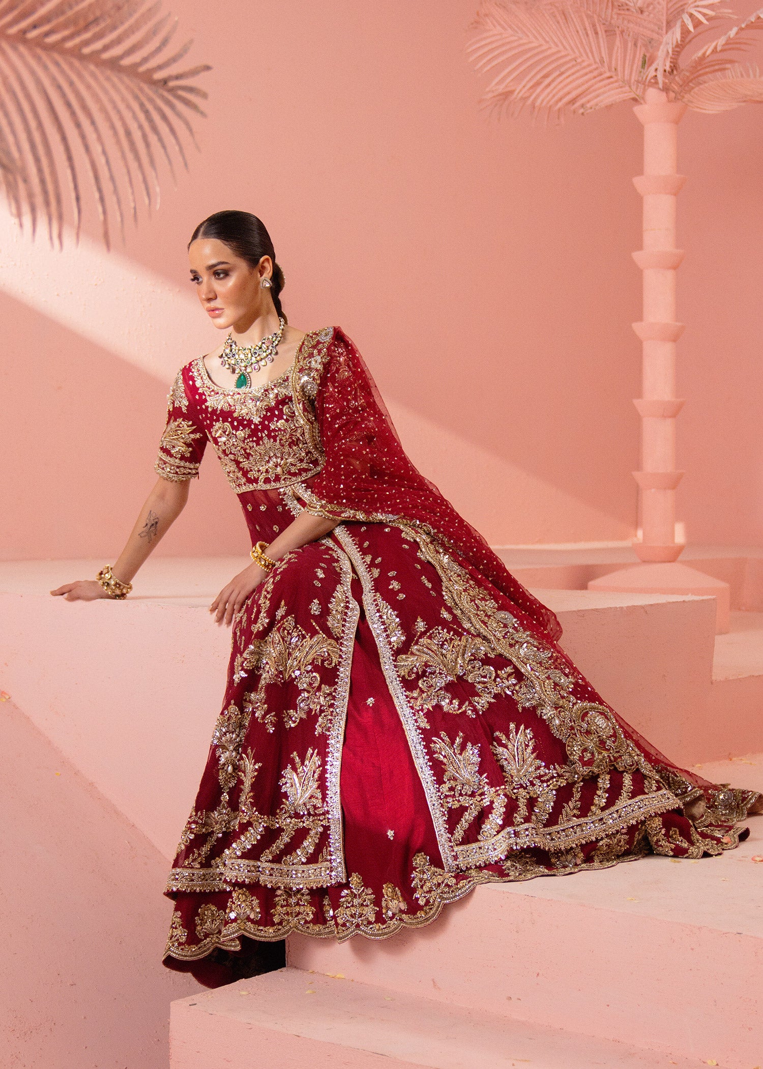 Pakistani Red Zardozi Swarovski Silk Bridal Gown (2-Piece) - Image 7