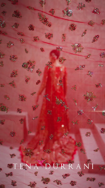 Pakistani Deep Red Embroidered Net Bridal Gown (2-Piece) - Image 6