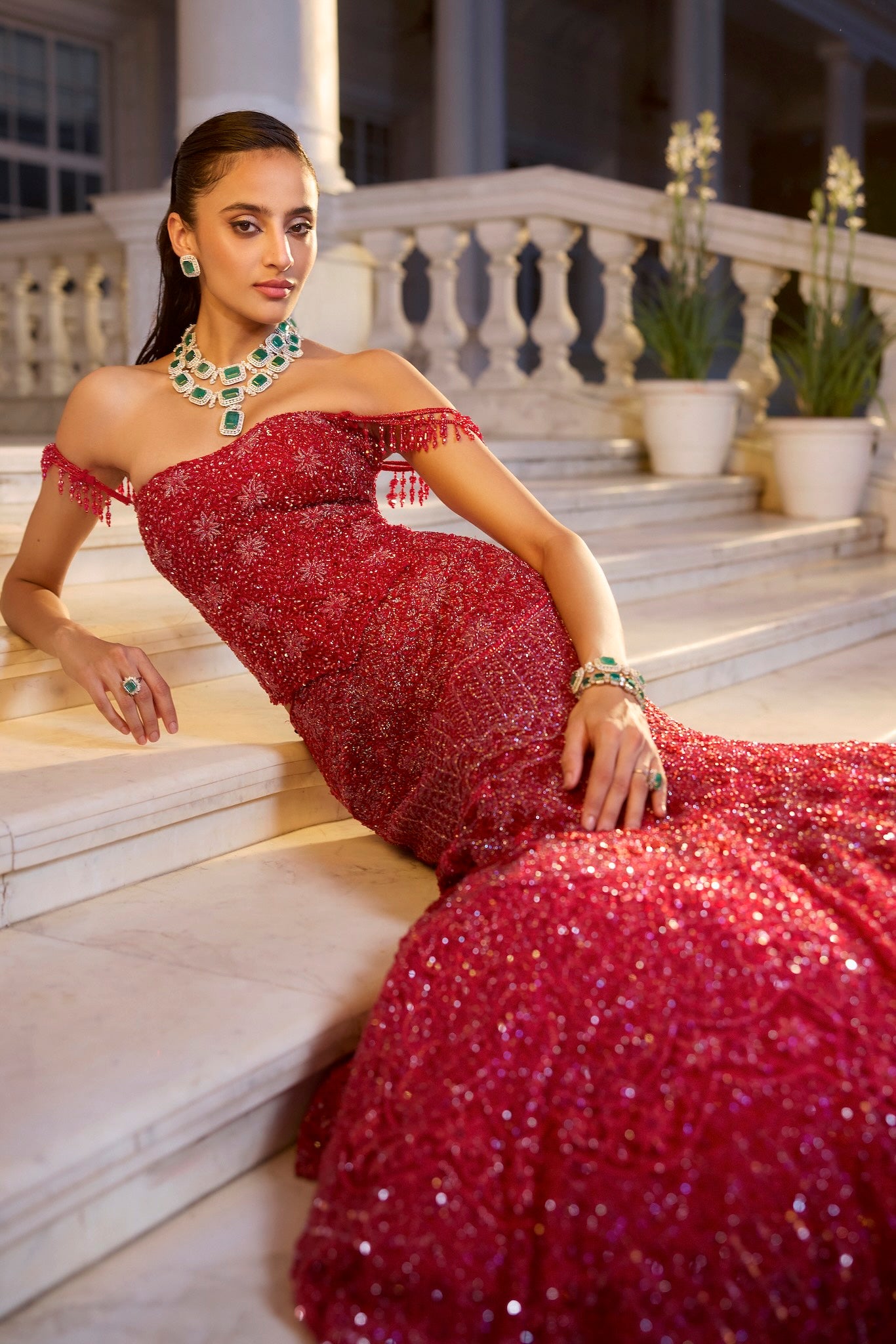 Red Embroidered Tulle Fish Cut Gown (2-Piece) - Image 1