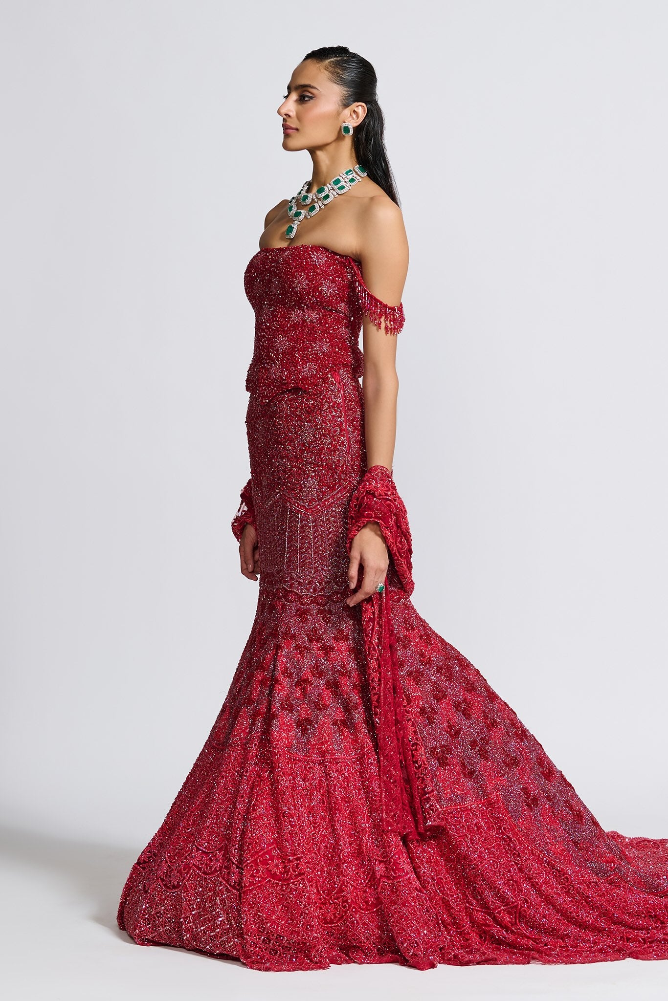 Red Embroidered Tulle Fish Cut Gown (2-Piece) - Image 3