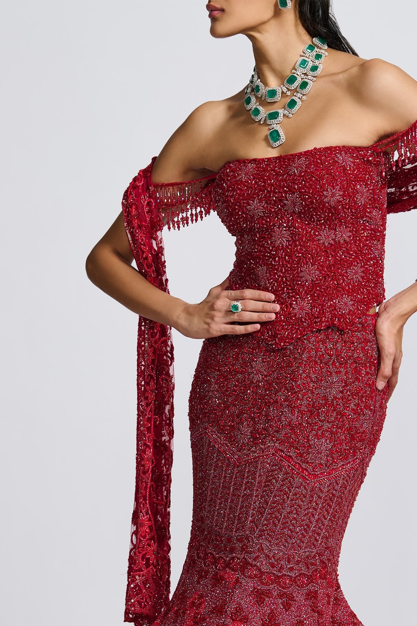 Red Embroidered Tulle Fish Cut Gown (2-Piece) - Image 4