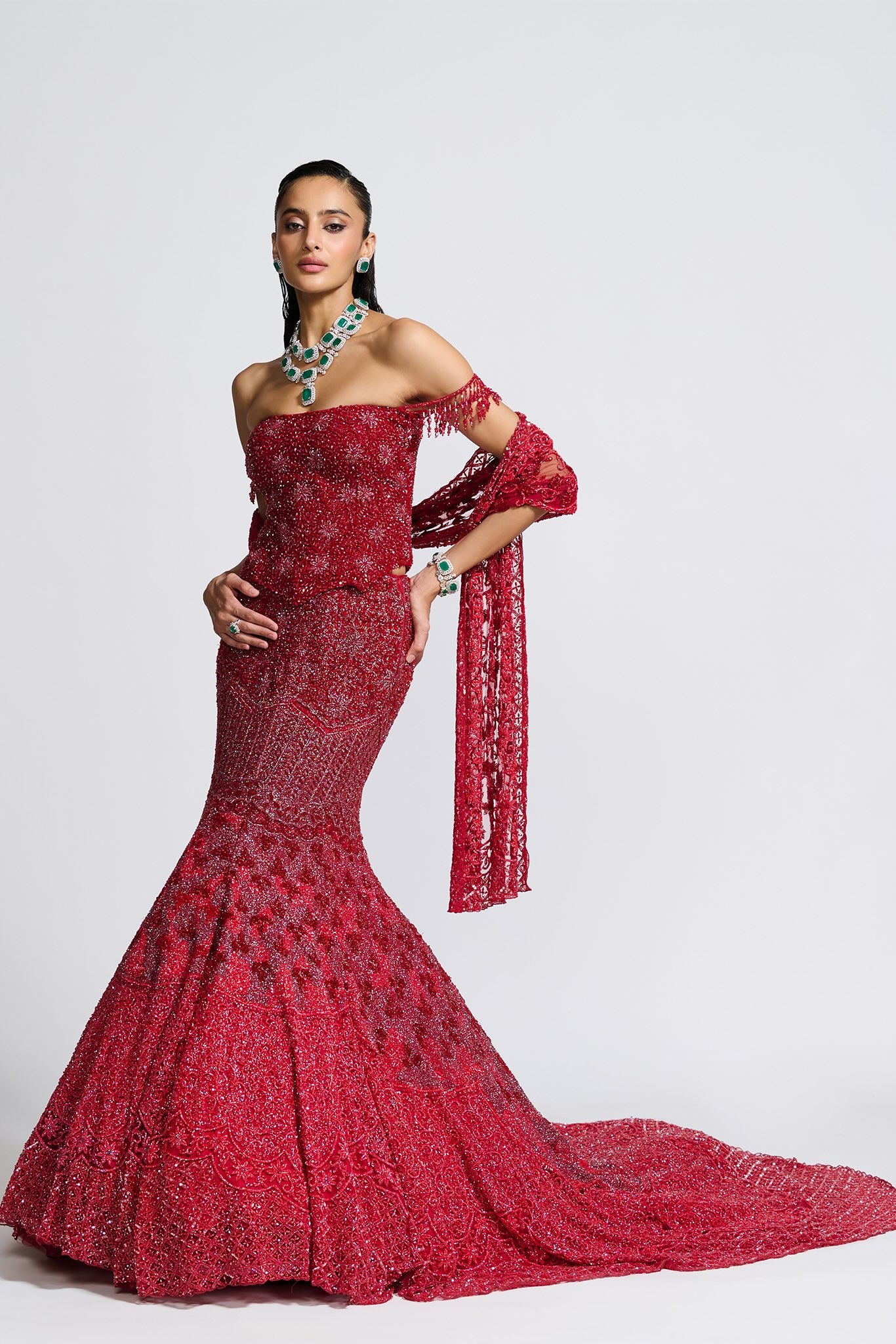 Red Embroidered Tulle Fish Cut Gown (2-Piece) - Image 5