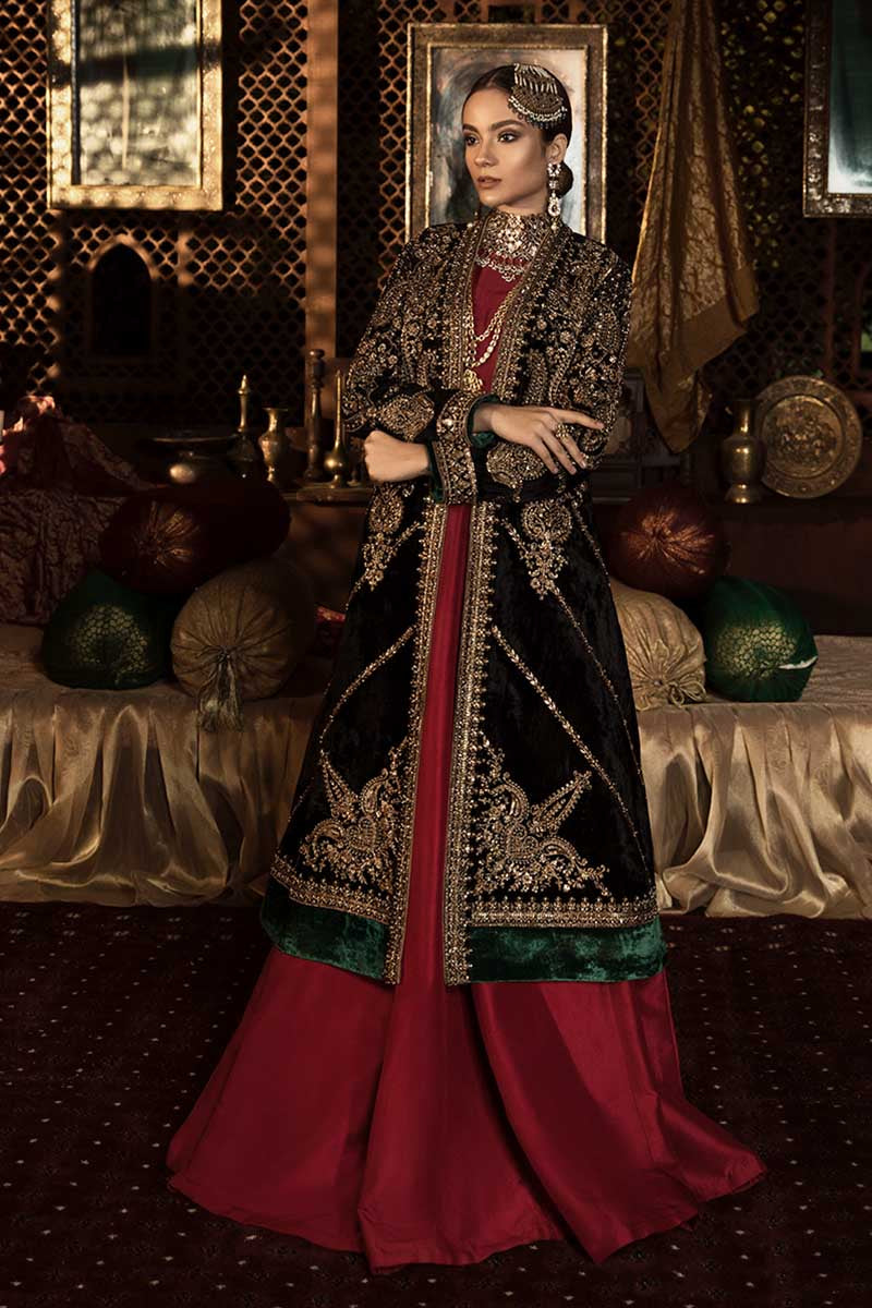 Black Velvet Embroidered Jacket with Red Raw Silk Gown (2-Piece) - Image 1